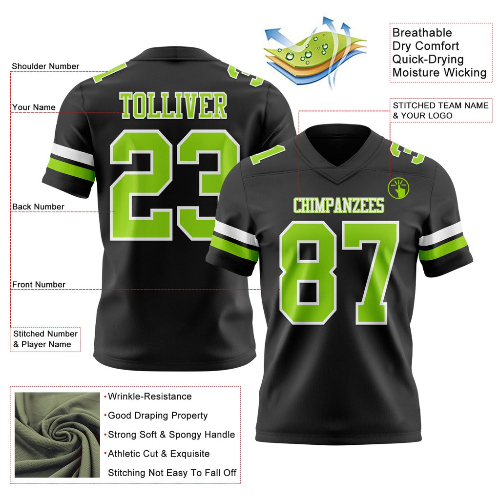 Custom Black Neon Green-White Authentic Football Jersey