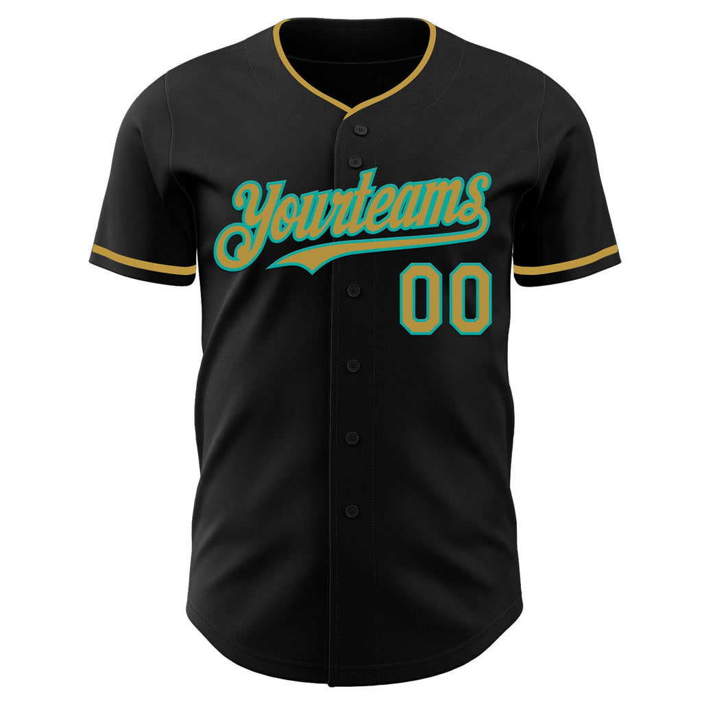 Custom Black Old Gold-Aqua Authentic Baseball Jersey