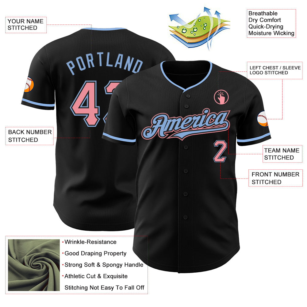 Custom Black Medium Pink-Light Blue Authentic Baseball Jersey