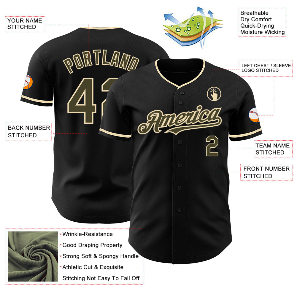 Custom Black Olive-Cream Authentic Baseball Jersey