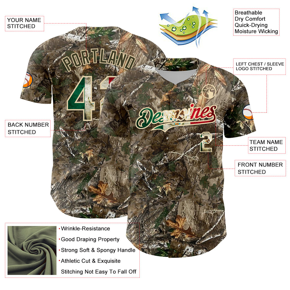 Custom Camo Vintage Mexican Flag-Cream 3D Woodland Camo Authentic Salute To Service Baseball Jersey