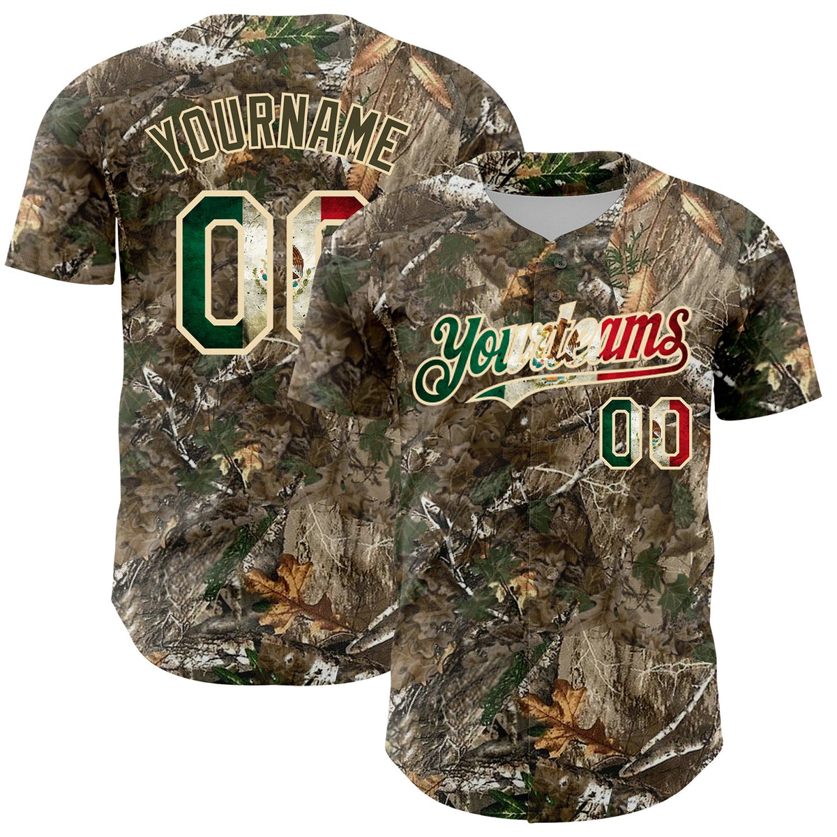 Custom Camo Vintage Mexican Flag-Cream 3D Woodland Camo Authentic Salute To Service Baseball Jersey
