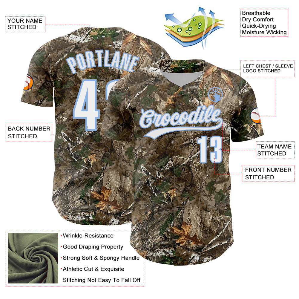 Custom Camo White-Light Blue Woodland Forest Camouflage Authentic Salute To Service Baseball Jersey