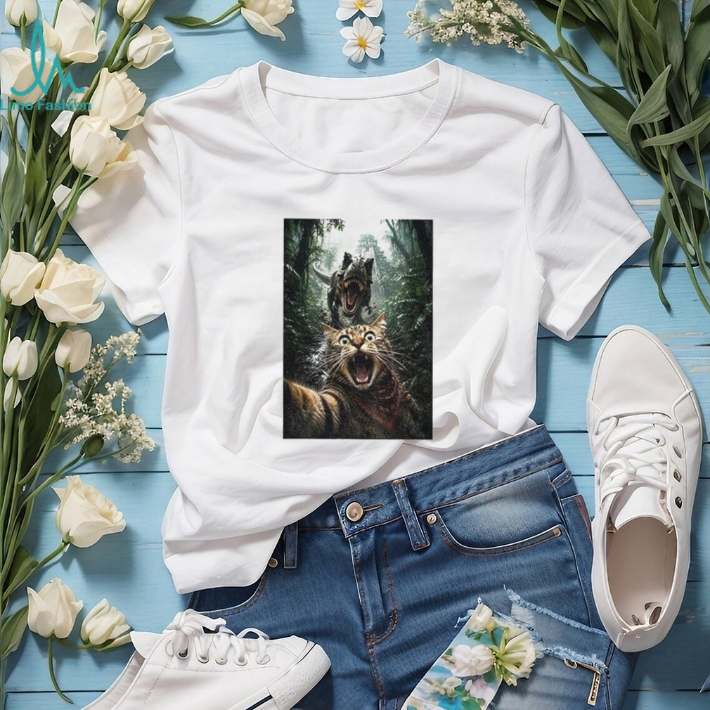Cat Selfie with T Rex Dinosaur Adventure shirt