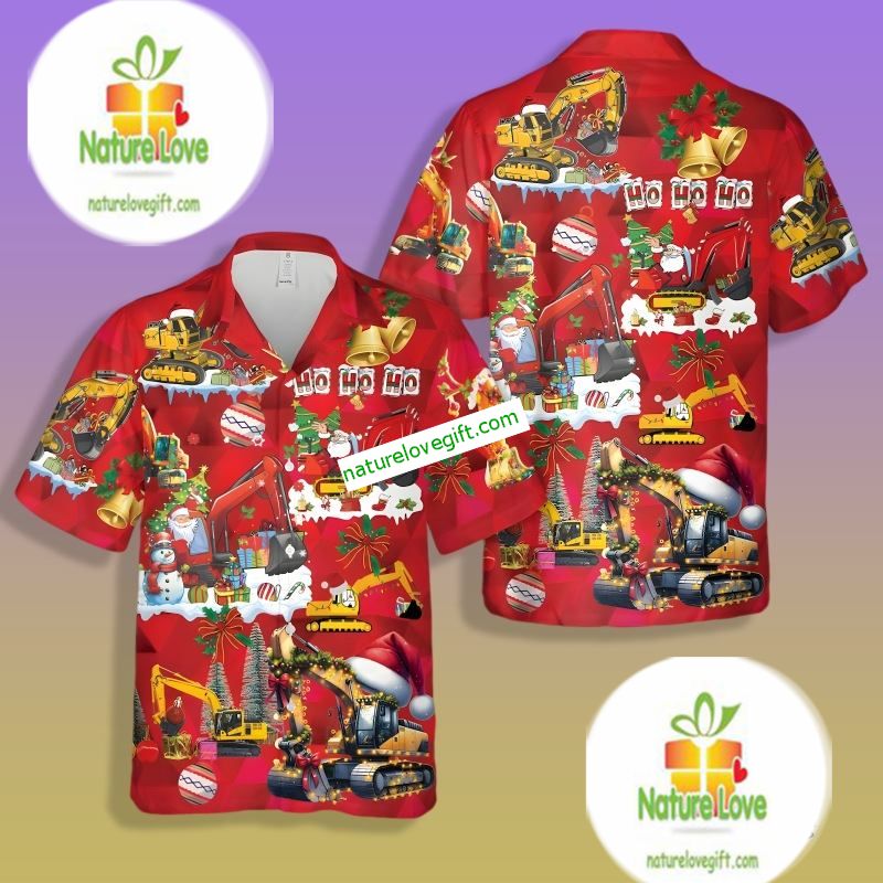Christmas Excavator Santa Claus And Snowman Red Cotton Hawaiian Shirts
