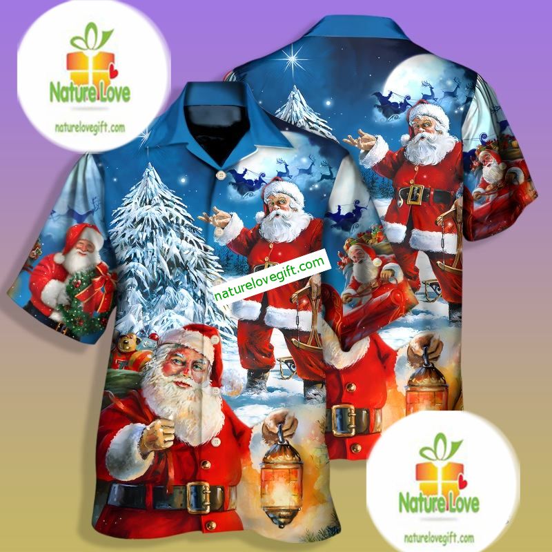 Christmas Night And Santa Claus Blue Plus Size Hawaiian Shirt