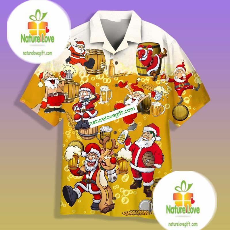 Christmas Party Santa Claus Drink Beer Yellow Printed Hawaiian Shirts