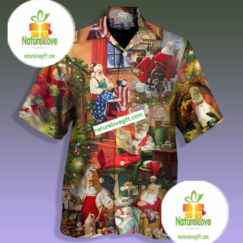 Christmas Santa Claus In His House Green Western Hawaiian Shirt