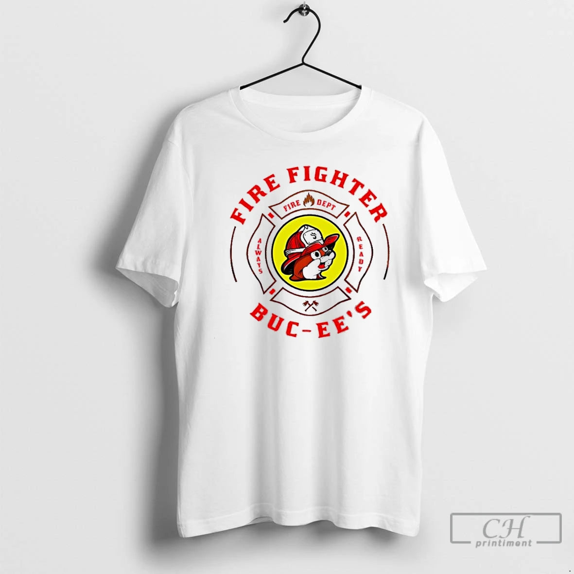 Classic Buc Ees Fire Fighter Always Ready Mascot Graphic