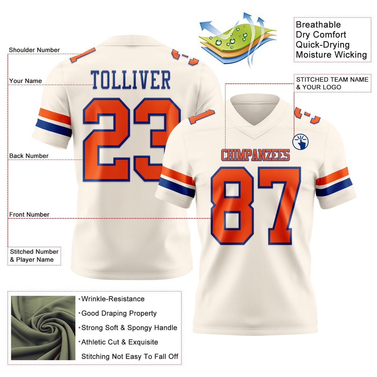 Custom Cream Orange-Royal Authentic Football Jersey