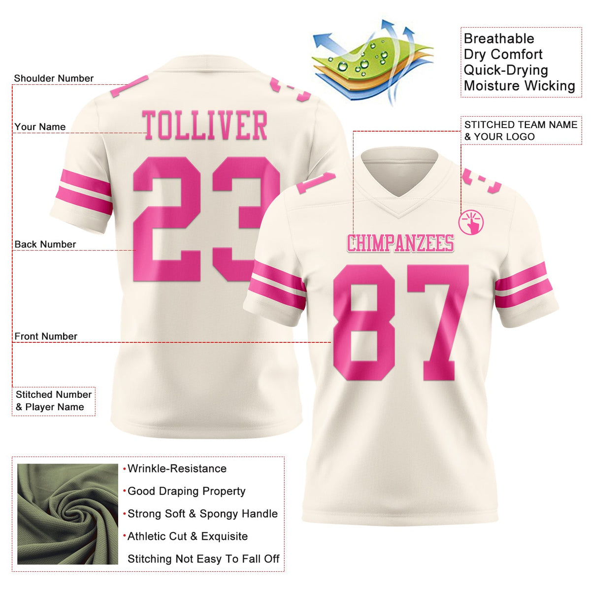 Custom Cream Pink Authentic Football Jersey