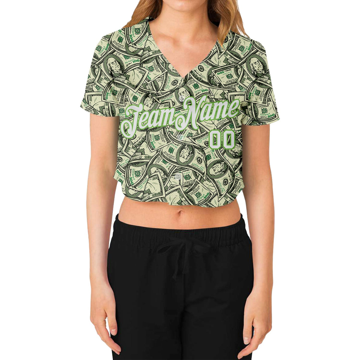 Custom Women's Green White-Neon Green Dollar 3D V-Neck Cropped Baseball Jersey