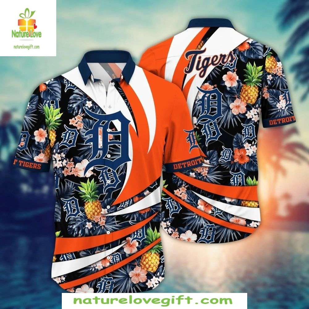 Detroit Tigers Hawaiian Shirt Pineapple Floral Stripe Baseball Apparel