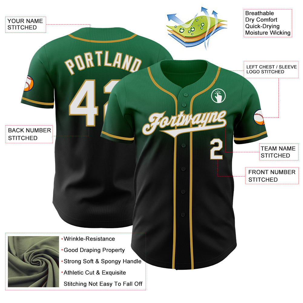 Custom Kelly Green Black-Old Gold Authentic Fade Fashion Baseball Jersey