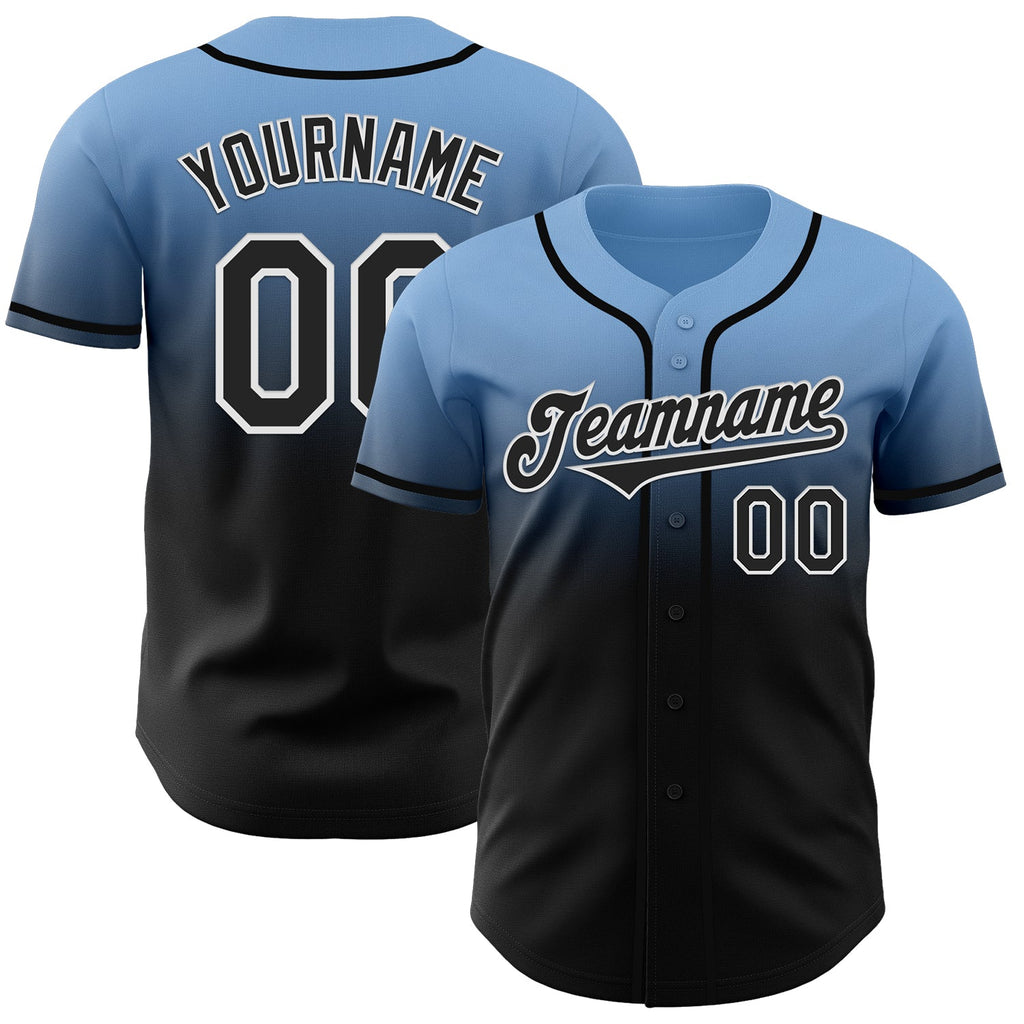 Custom Light Blue Black-White Authentic Fade Fashion Baseball Jersey
