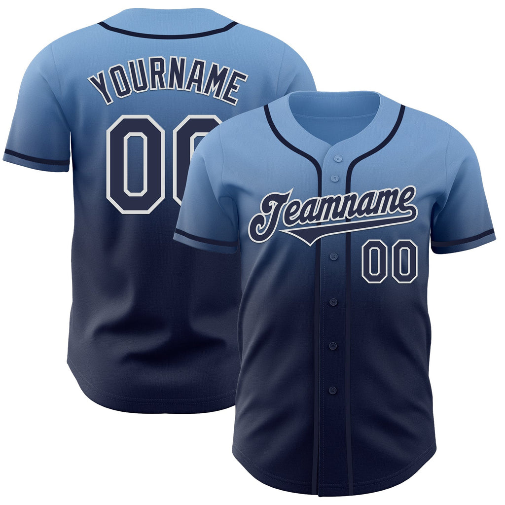 Custom Light Blue Navy-White Authentic Fade Fashion Baseball Jersey