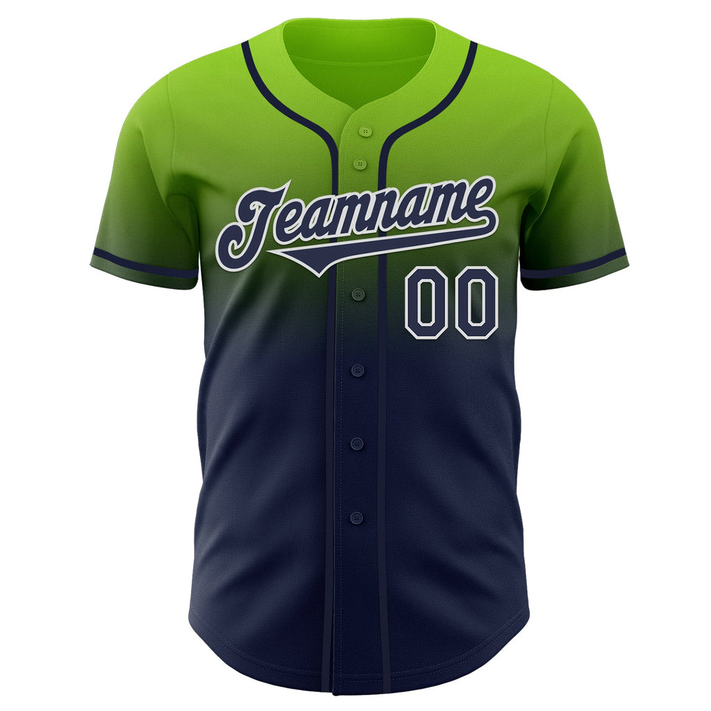 Custom Neon Green Navy-White Authentic Fade Fashion Baseball Jersey