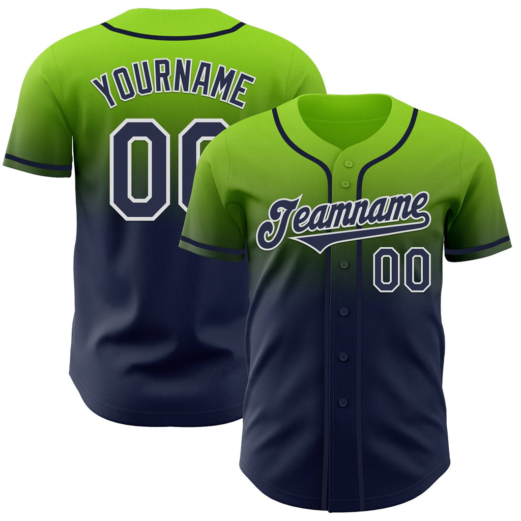 Custom Neon Green Navy-White Authentic Fade Fashion Baseball Jersey