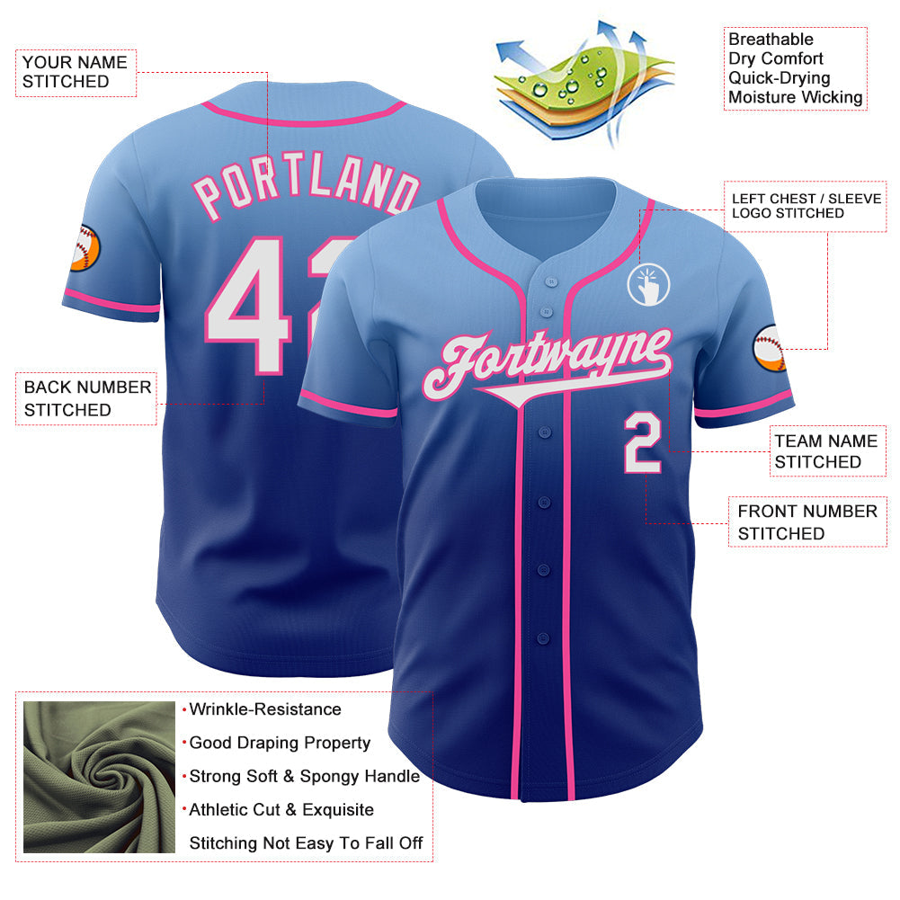 Custom Light Blue White Royal-Pink Authentic Fade Fashion Baseball Jersey