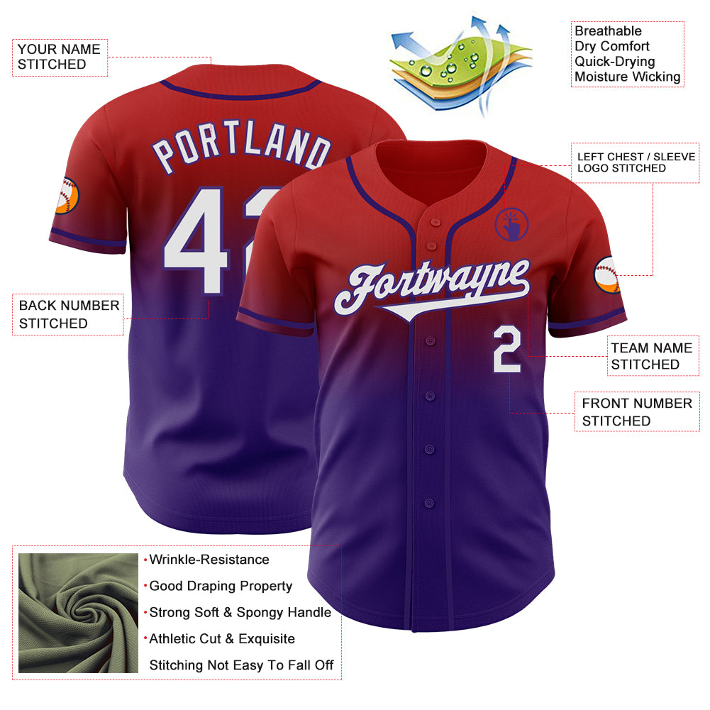 Custom Red White-Purple Authentic Fade Fashion Baseball Jersey