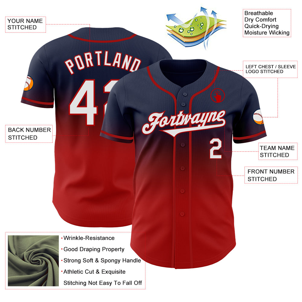Custom Navy White-Red Authentic Fade Fashion Baseball Jersey