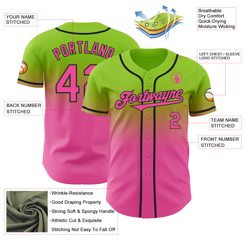 Custom Neon Green Pink-Black Authentic Fade Fashion Baseball Jersey