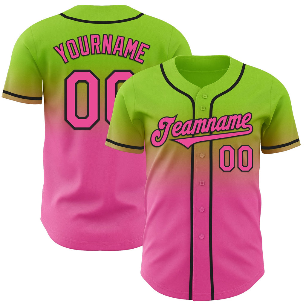 Custom Neon Green Pink-Black Authentic Fade Fashion Baseball Jersey