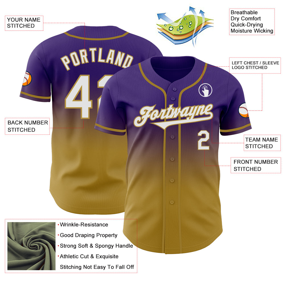 Custom Purple White-Old Gold Authentic Fade Fashion Baseball Jersey