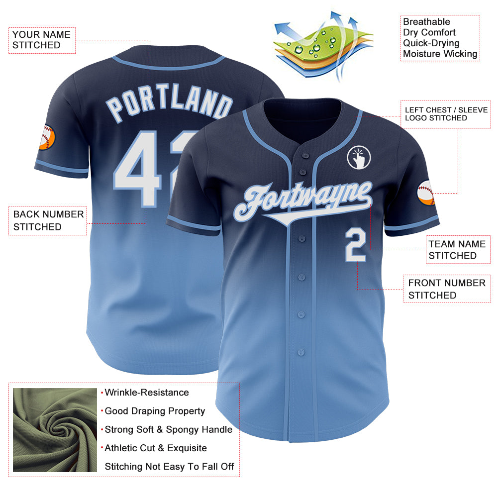 Custom Navy White-Light Blue Authentic Fade Fashion Baseball Jersey