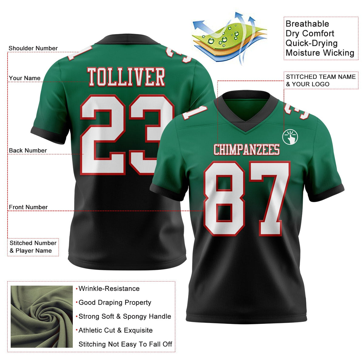 Custom Kelly Green White Black-Red Authentic Fade Fashion Football Jersey