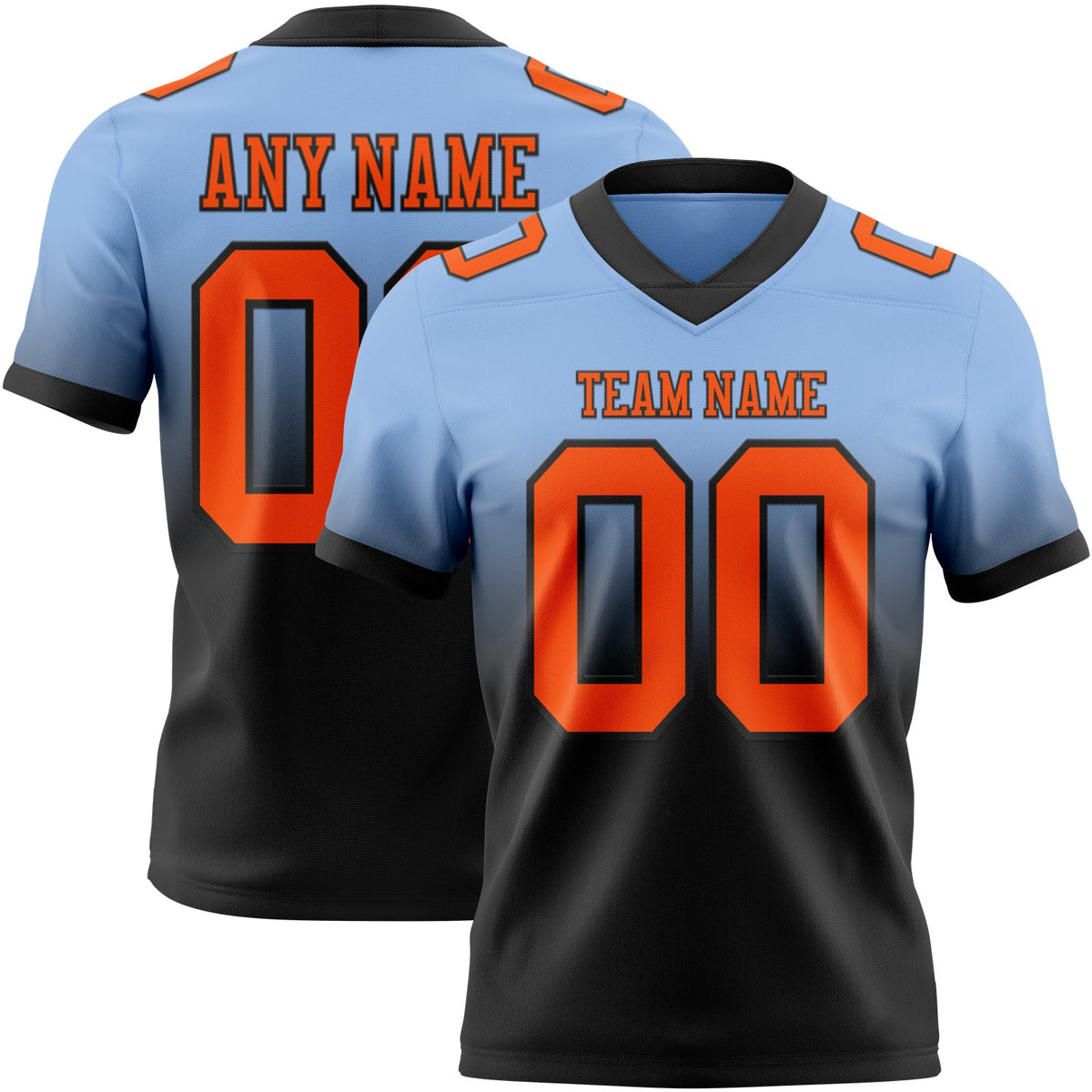 Custom Light Blue Orange-Black Authentic Fade Fashion Football Jersey