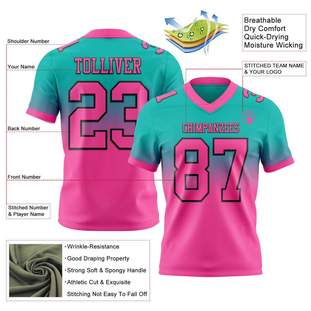 Custom Aqua Pink-Black Authentic Fade Fashion Football Jersey