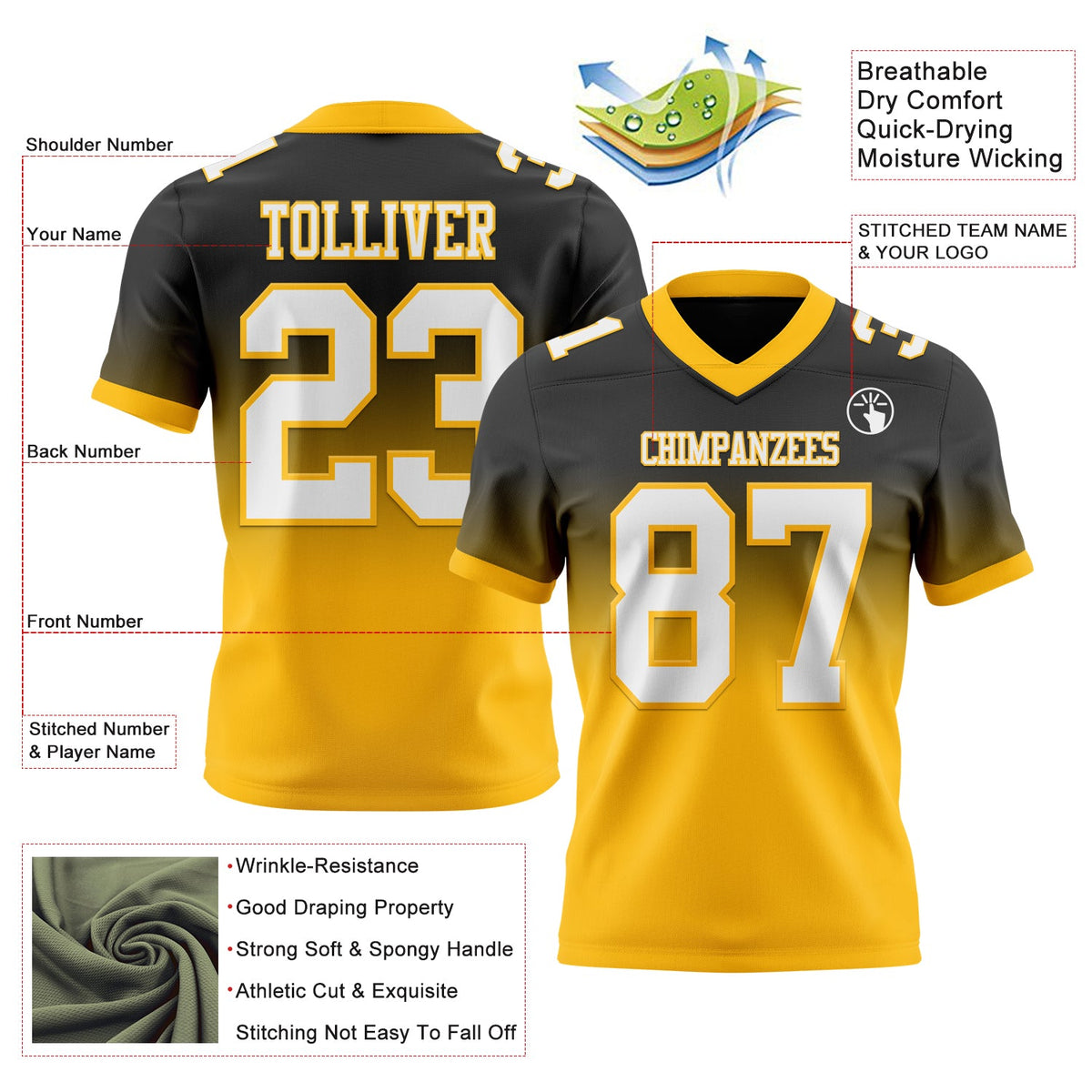 Custom Black White-Gold Authentic Fade Fashion Football Jersey