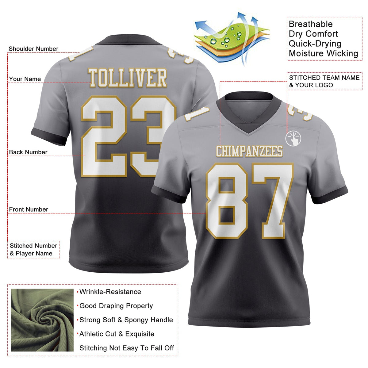 Custom Gray White Steel Gray-Old Gold Authentic Fade Fashion Football Jersey