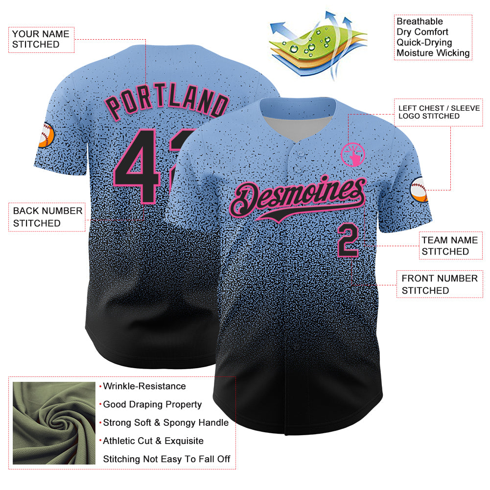 Custom Light Blue Black-Pink Fade Fashion Speckle Authentic Baseball Jersey