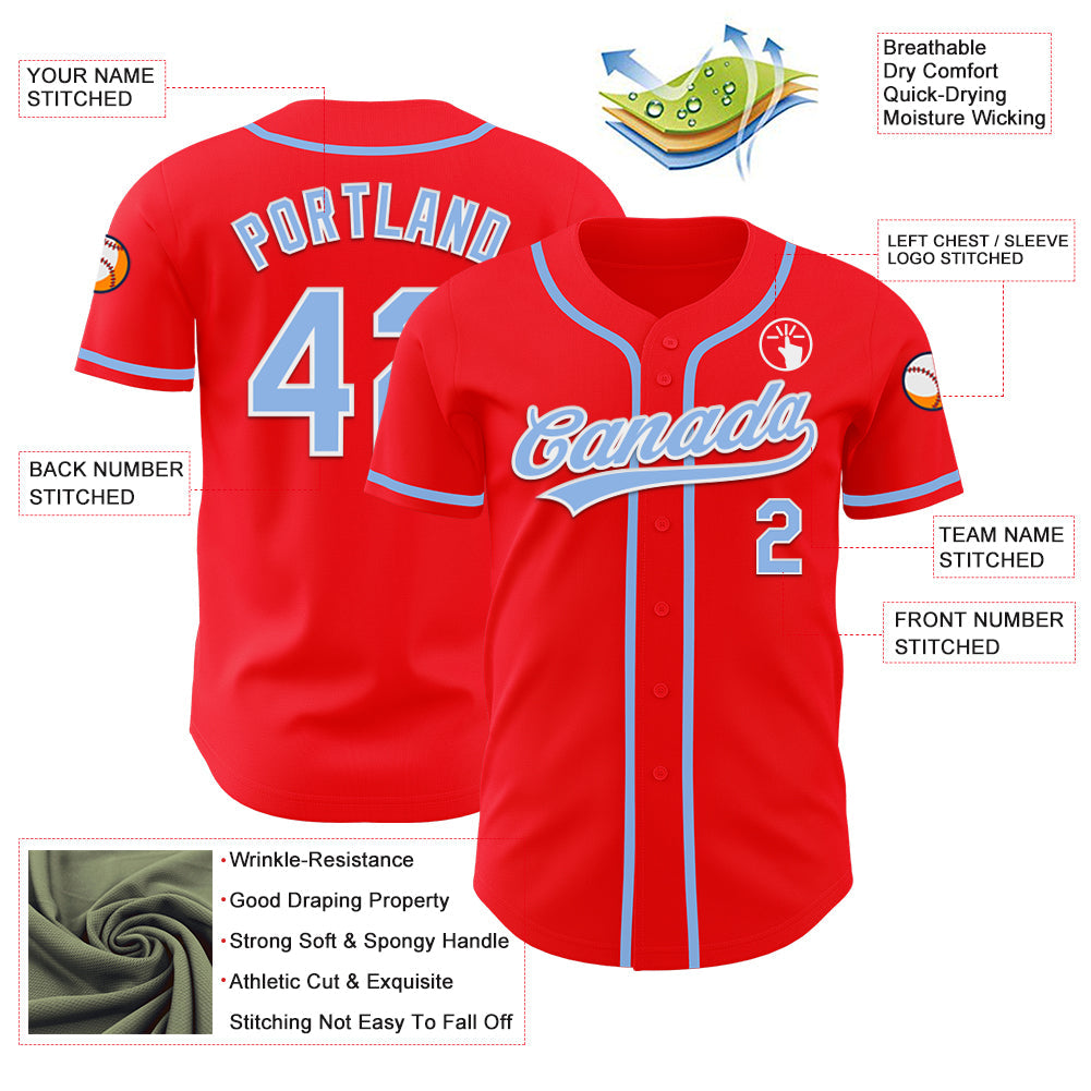 Custom Fire Red Light Blue-White Authentic Baseball Jersey