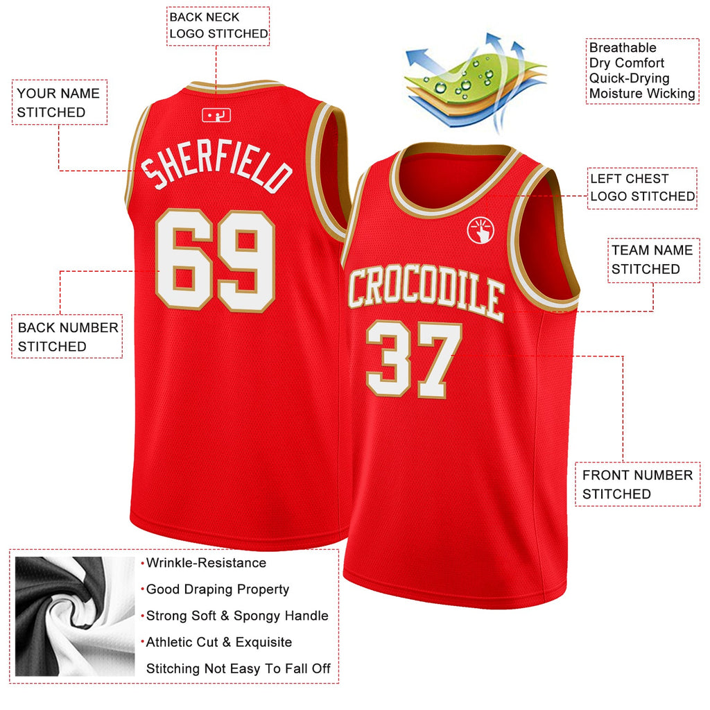 Custom Fire Red White-Old Gold Authentic Basketball Jersey