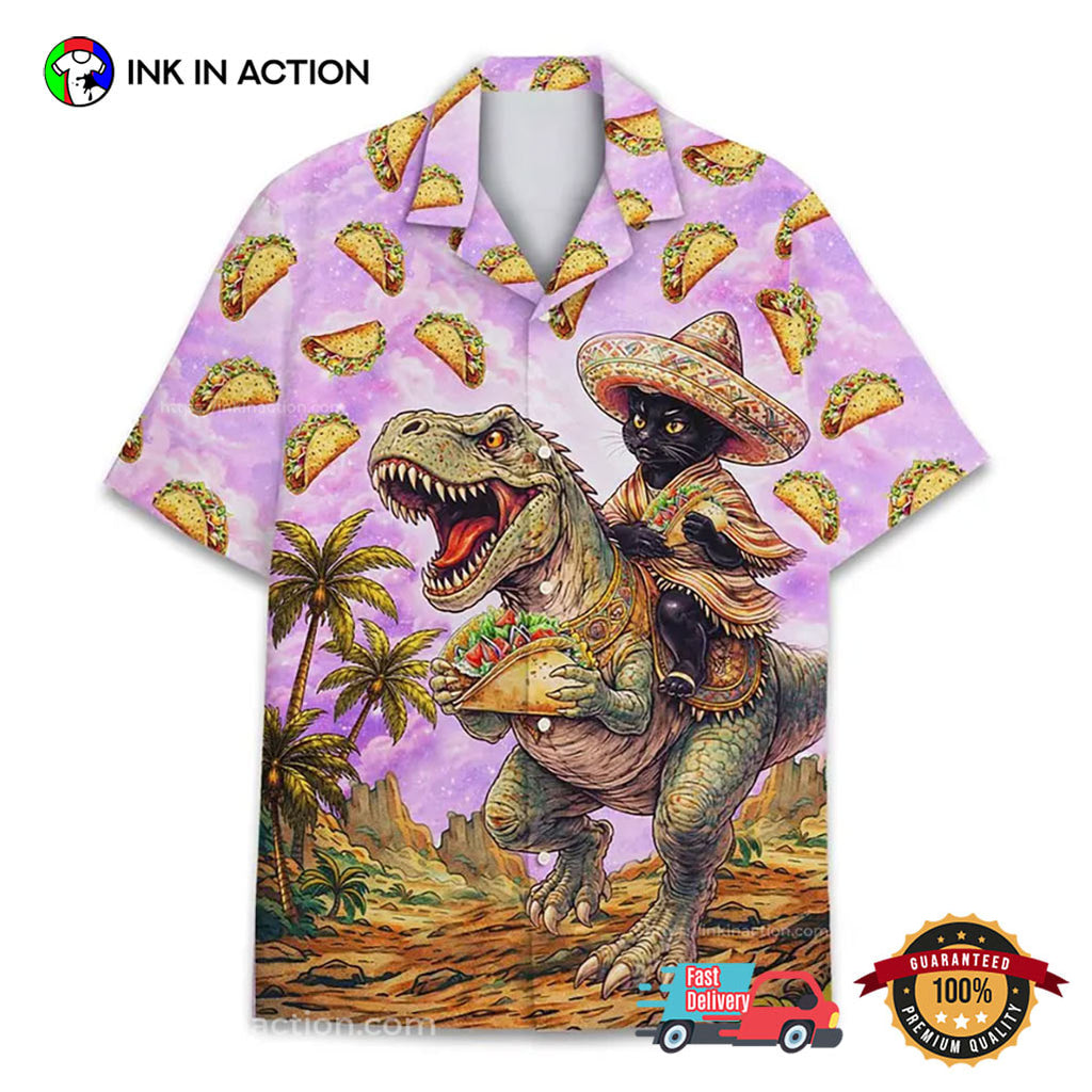 Funny Fiesta Cinco De Mayo Taco Cat Riding Dinosaur Hawaiian Shirt