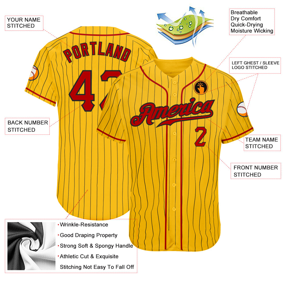 Custom Yellow Black Pinstripe Red-Black Authentic Baseball Jersey