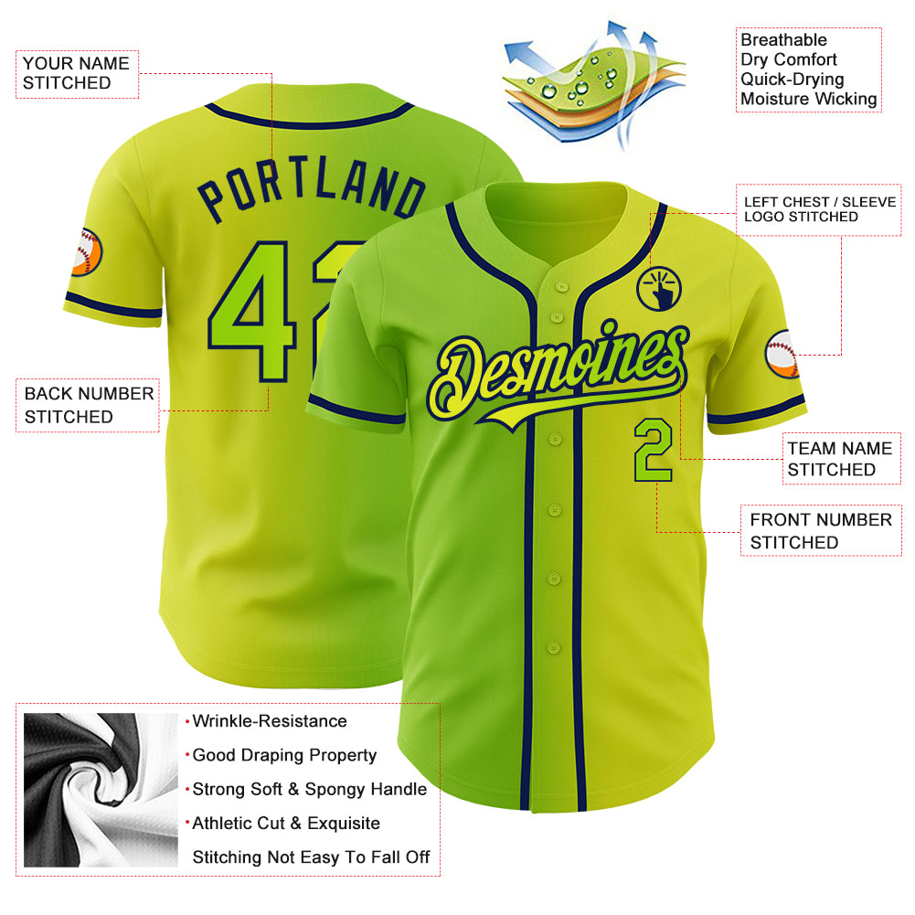 Custom Neon Yellow Neon Green-Navy Authentic Gradient Fashion Baseball Jersey