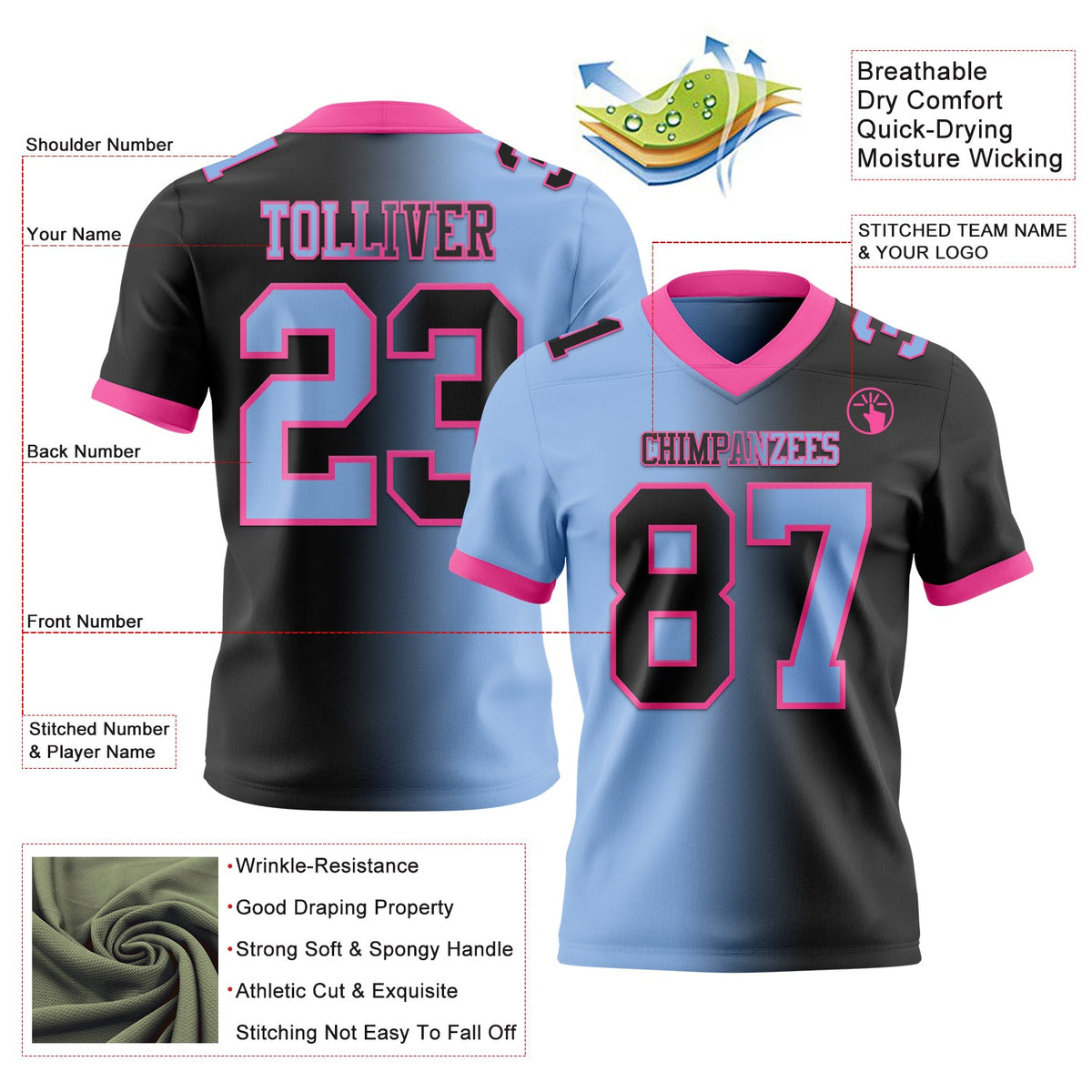 Custom Black Light Blue-Pink Authentic Gradient Fashion Football Jersey