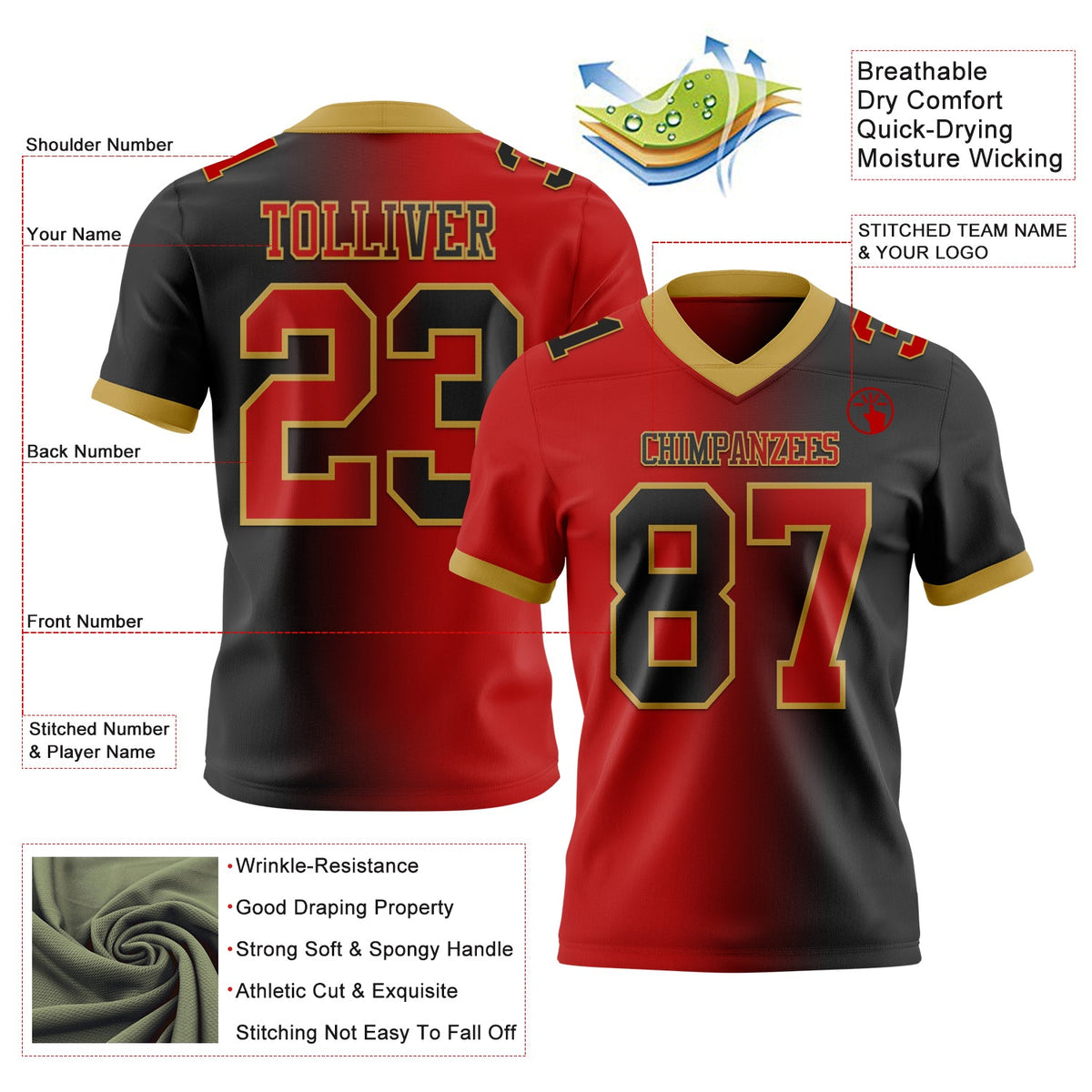Custom Black Red-Old Gold Authentic Gradient Fashion Football Jersey