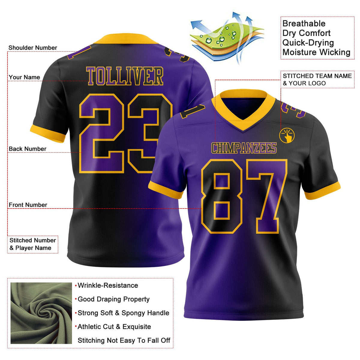 Custom Black Purple-Gold Authentic Gradient Fashion Football Jersey