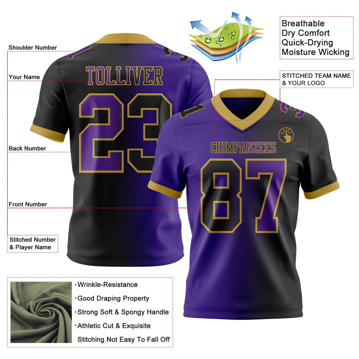 Custom Black Purple-Old Gold Authentic Gradient Fashion Football Jersey