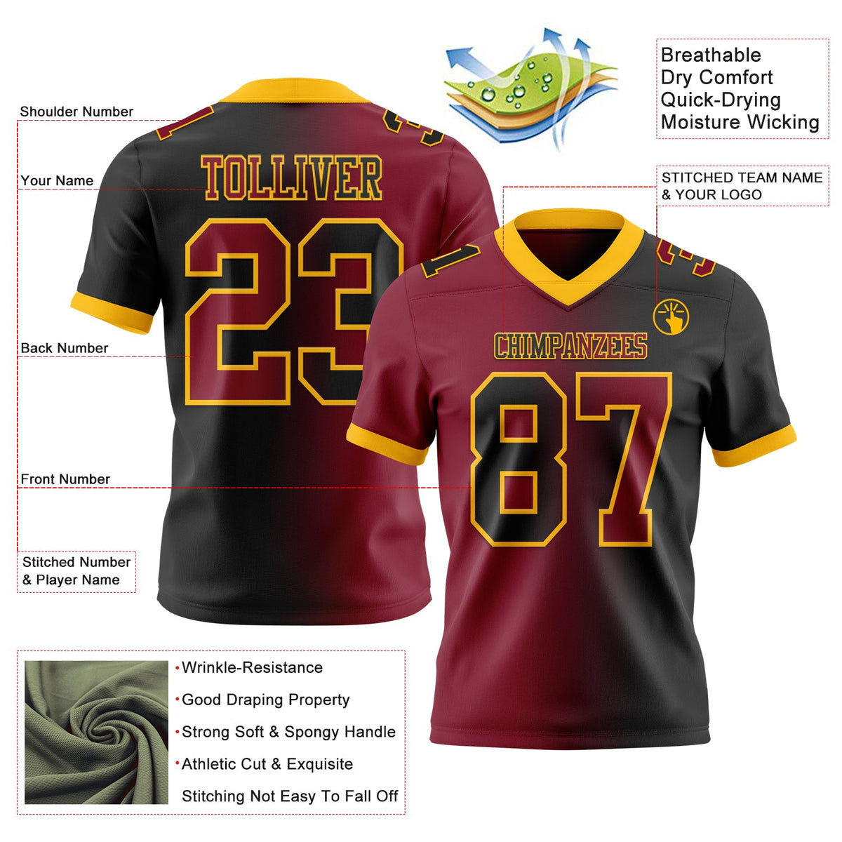 Custom Black Crimson-Gold Authentic Gradient Fashion Football Jersey