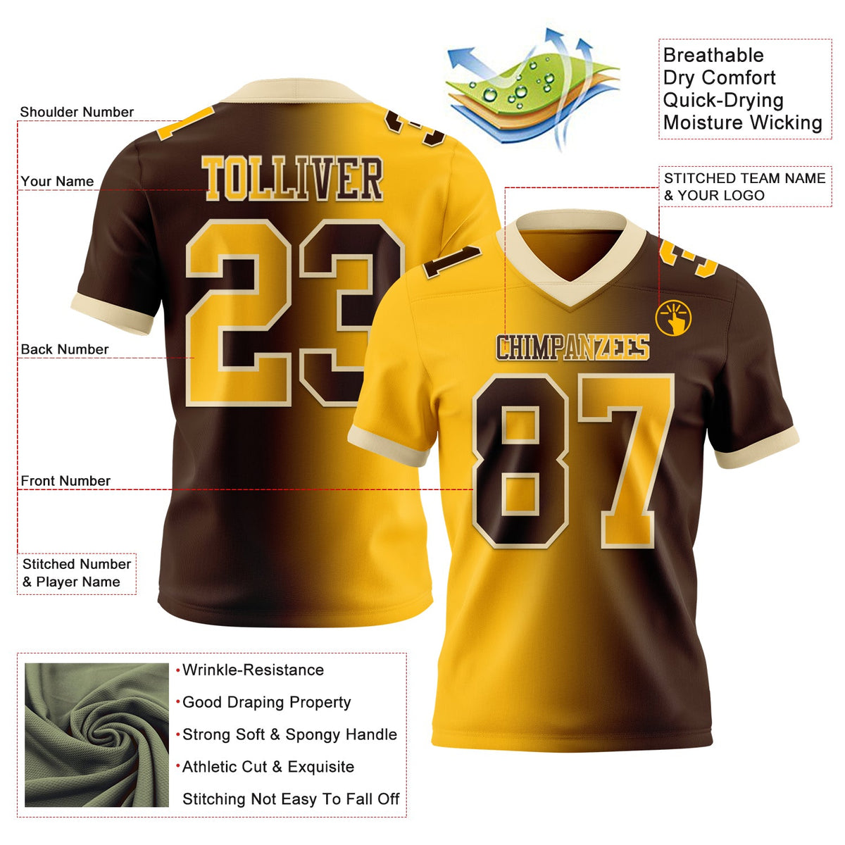 Custom Brown Gold-Cream Authentic Gradient Fashion Football Jersey