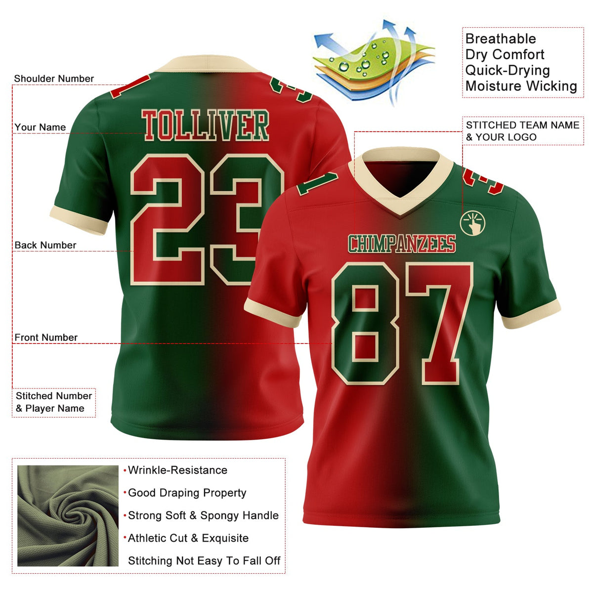 Custom Green Red-Cream Authentic Gradient Fashion Football Jersey