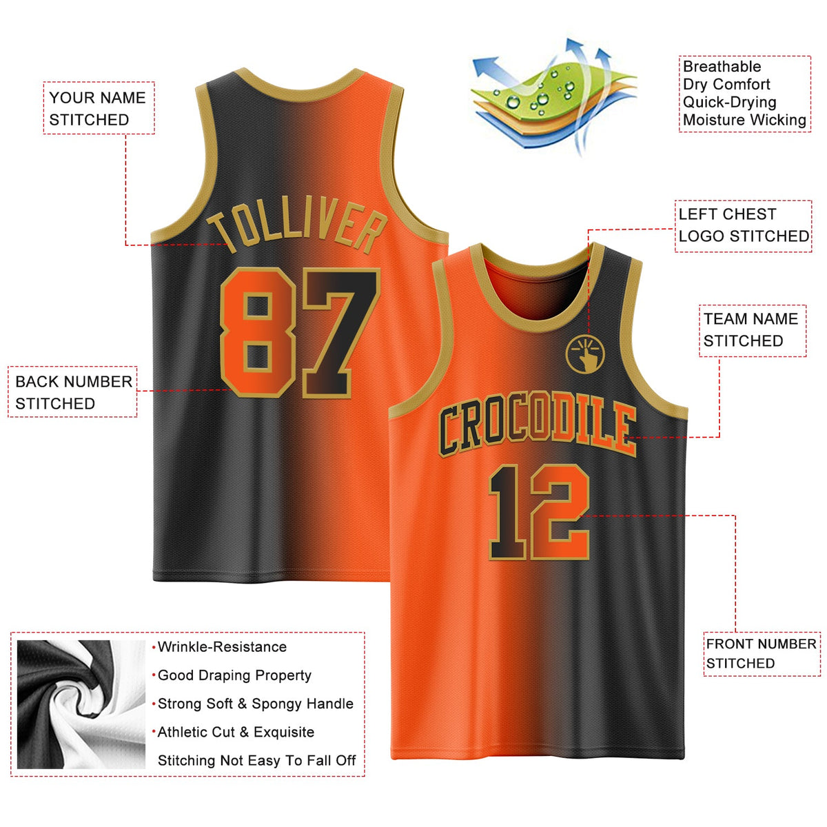 Custom Black Orange-Old Gold Authentic Gradient Fashion Basketball Jersey
