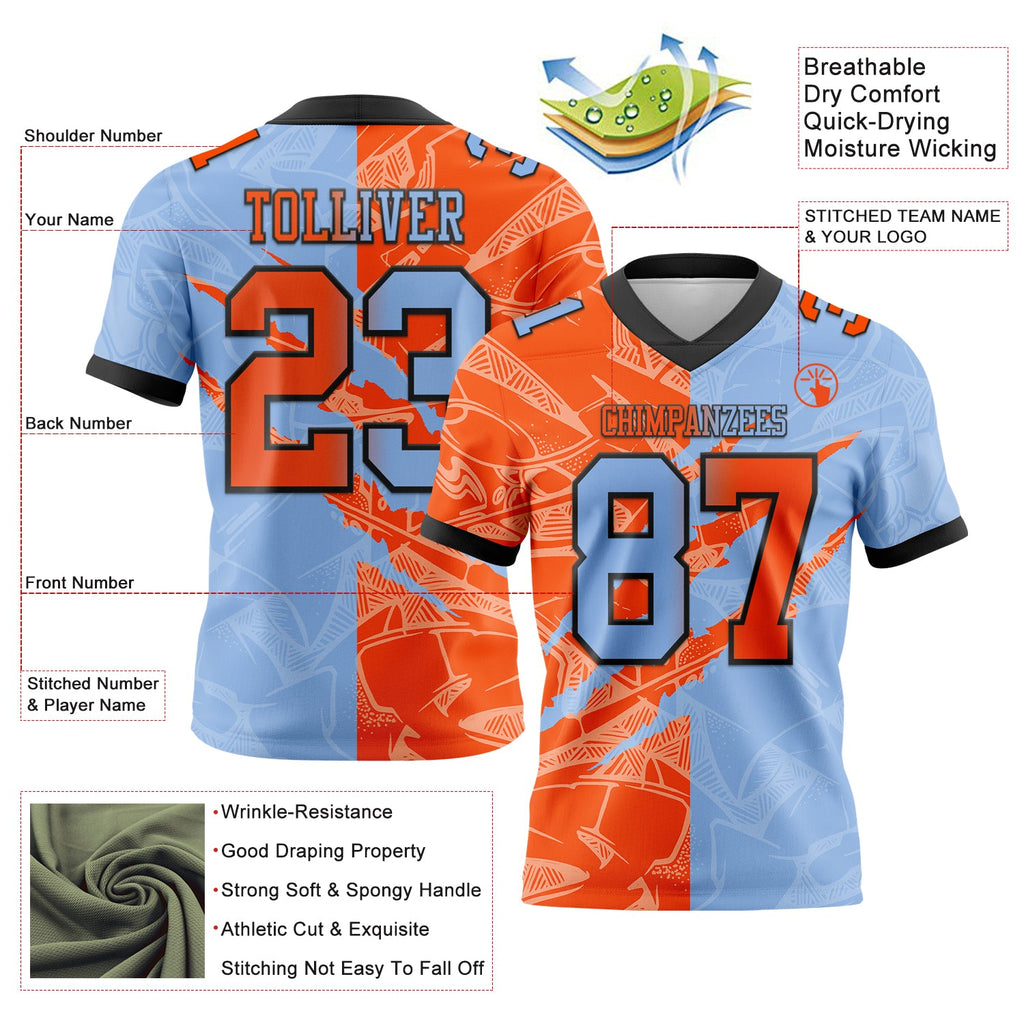 Custom Light Blue Orange-Black Authentic Gradient Fashion Scratch Football Jersey