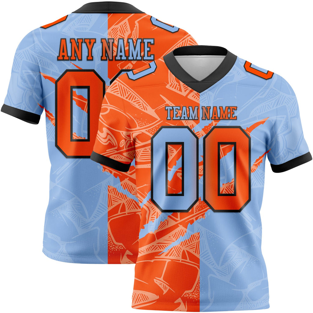 Custom Light Blue Orange-Black Authentic Gradient Fashion Scratch Football Jersey